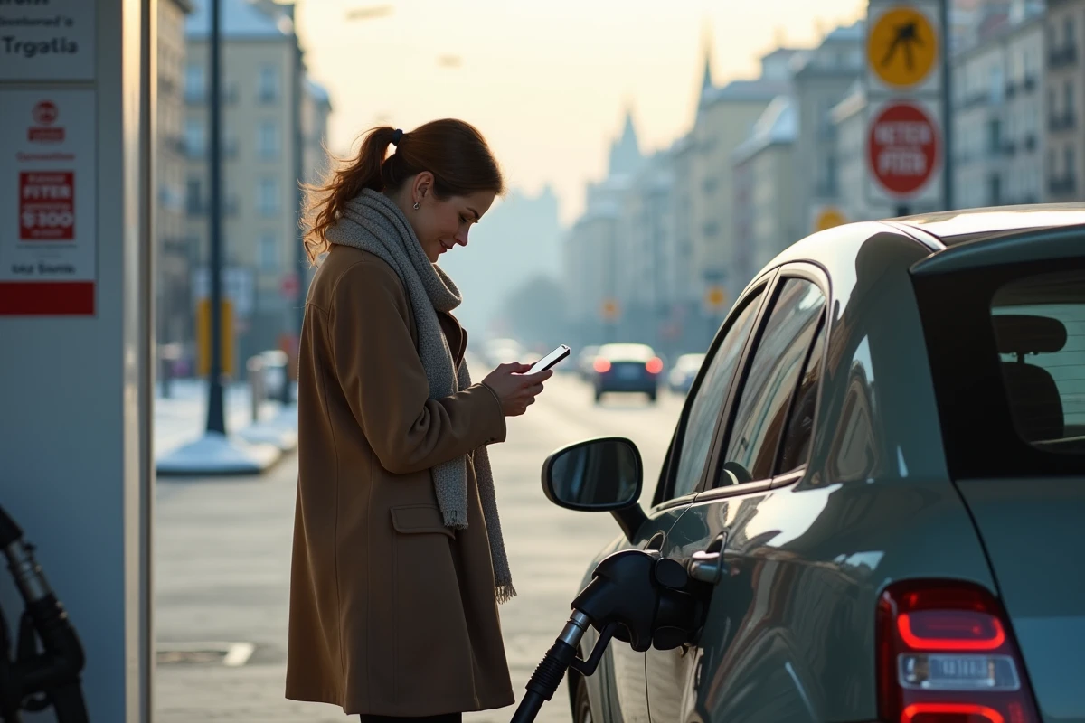Femme au station-service vérifie son smartphone pour coûts