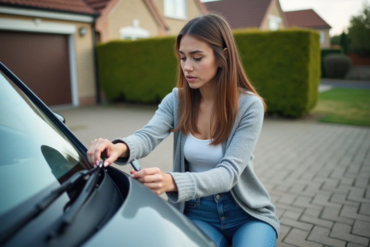 Jeune femme installe des essuie-glaces sur sa voiture dans la cour