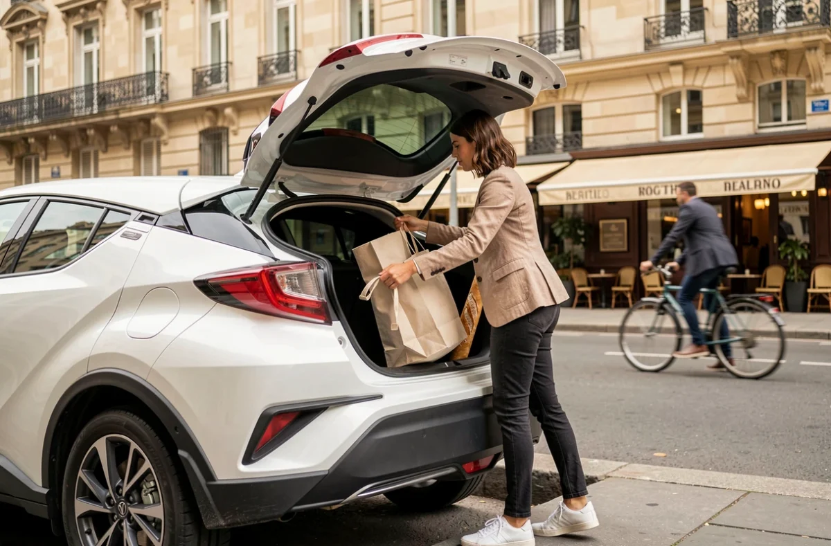 Femme chargeant ses courses dans le coffre d'un Toyota C-HR garé dans une rue parisienne
