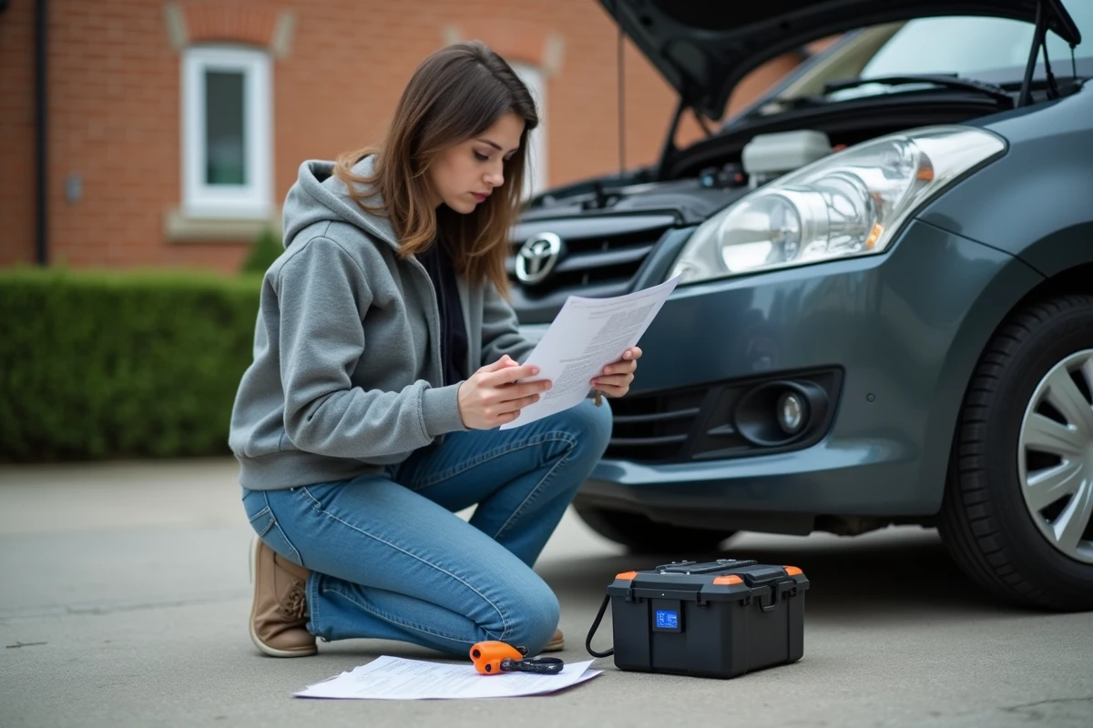 Femme lisant le manuel d'un chargeur de batterie voiture dans une allée résidentielle