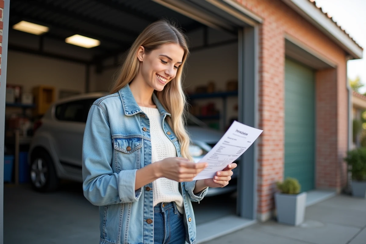 Femme examinant une facture devant un garage convivial