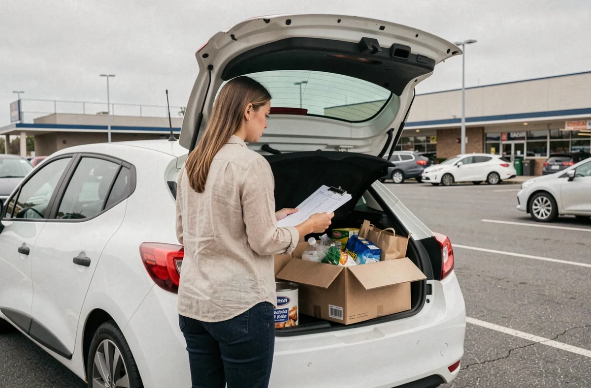 Femme vérifiant le chargement du coffre d'une Renault Clio dans un parking avec des courses pour ne pas dépasser le poids maximal conseillé