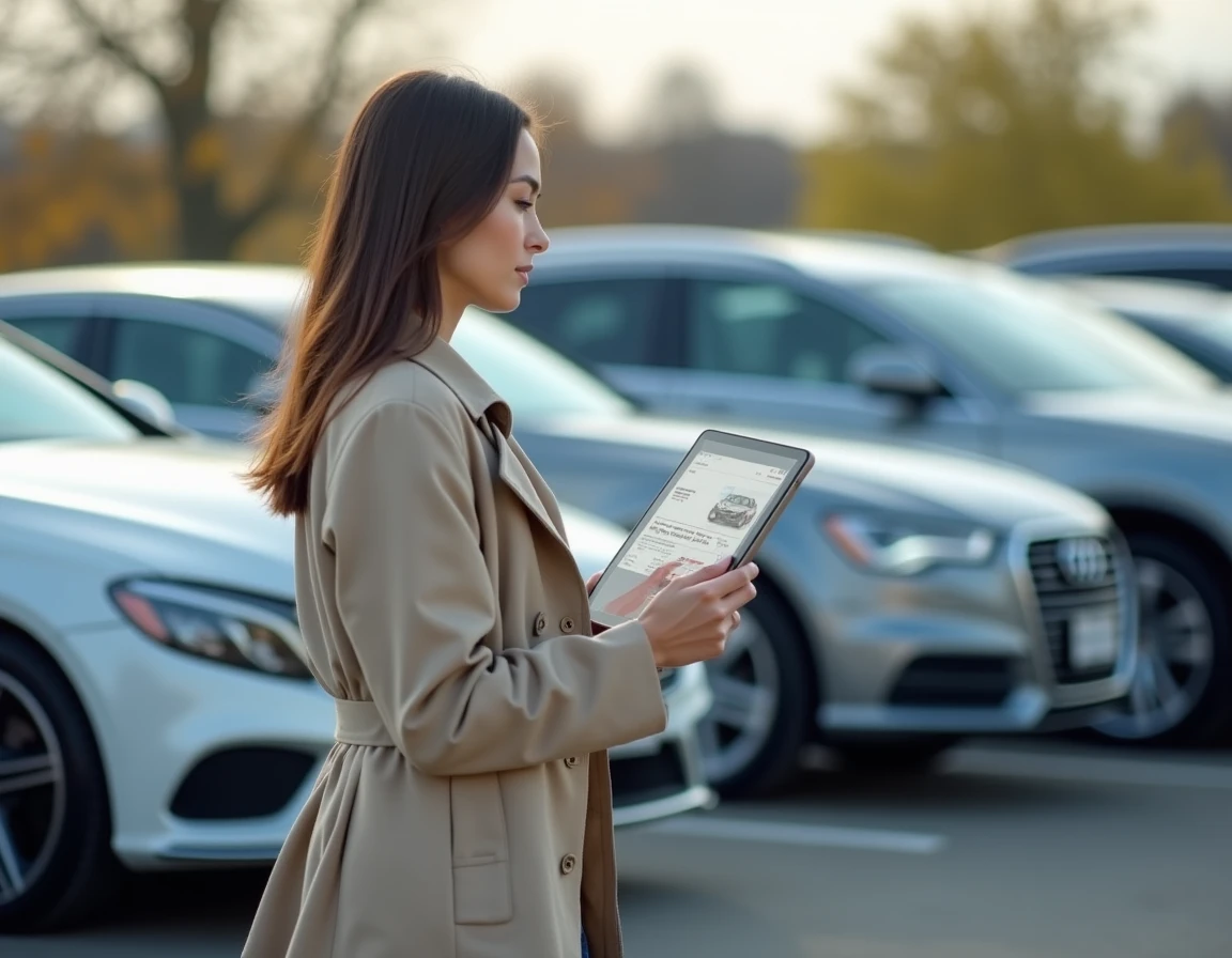 Femme comparant des marques de voitures sur une tablette dans un parking de concession pour optimiser ses frais automobiles