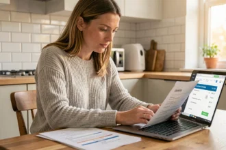 Femme comparant des offres d'assurance auto sur un ordinateur portable dans une cuisine moderne