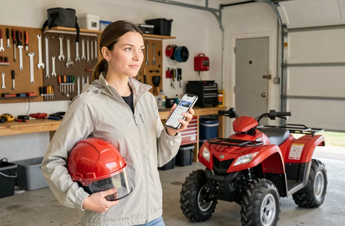 Femme casque sous le bras comparant des offres d'assurance quad sur smartphone dans un garage