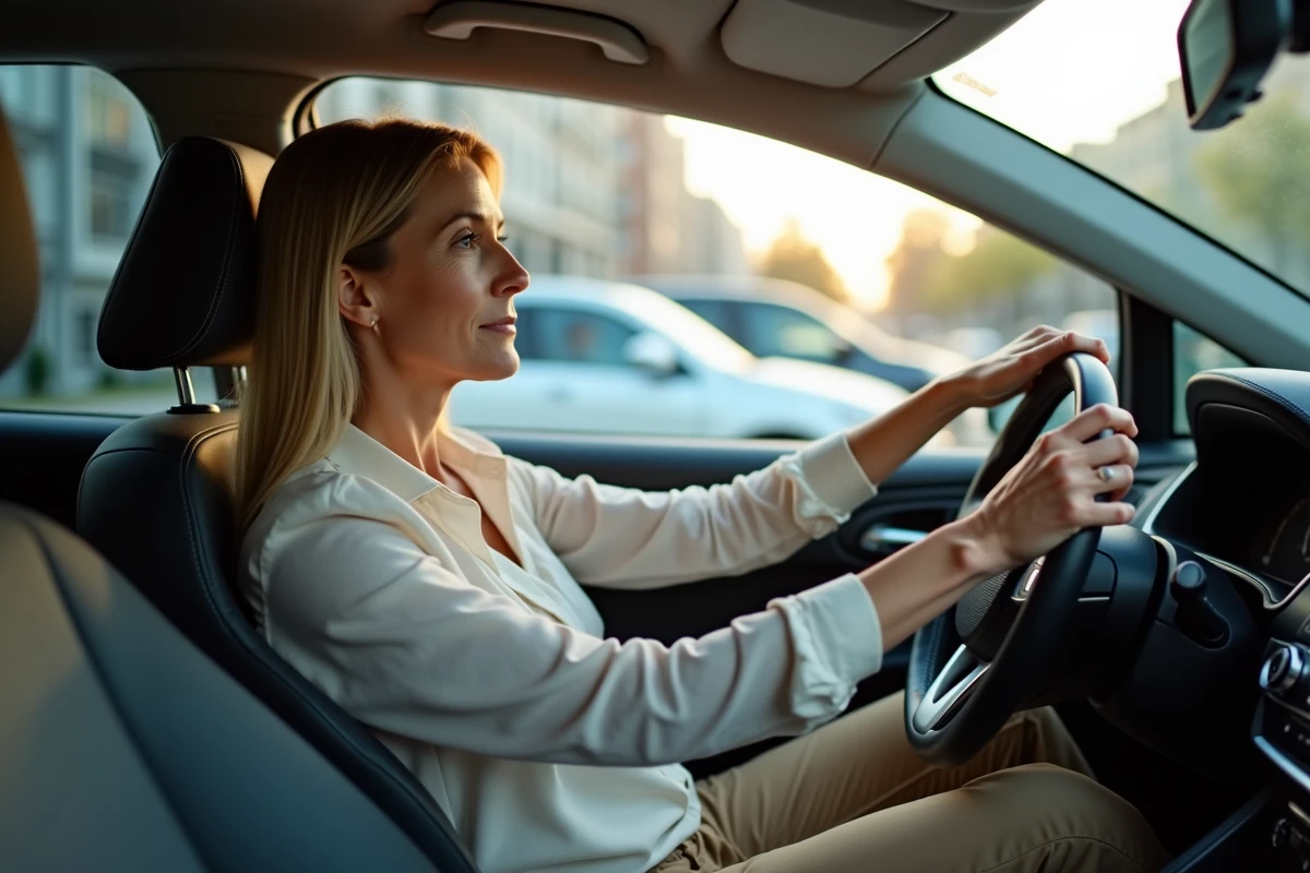 Femme réfléchissant dans une voiture moderne en ville