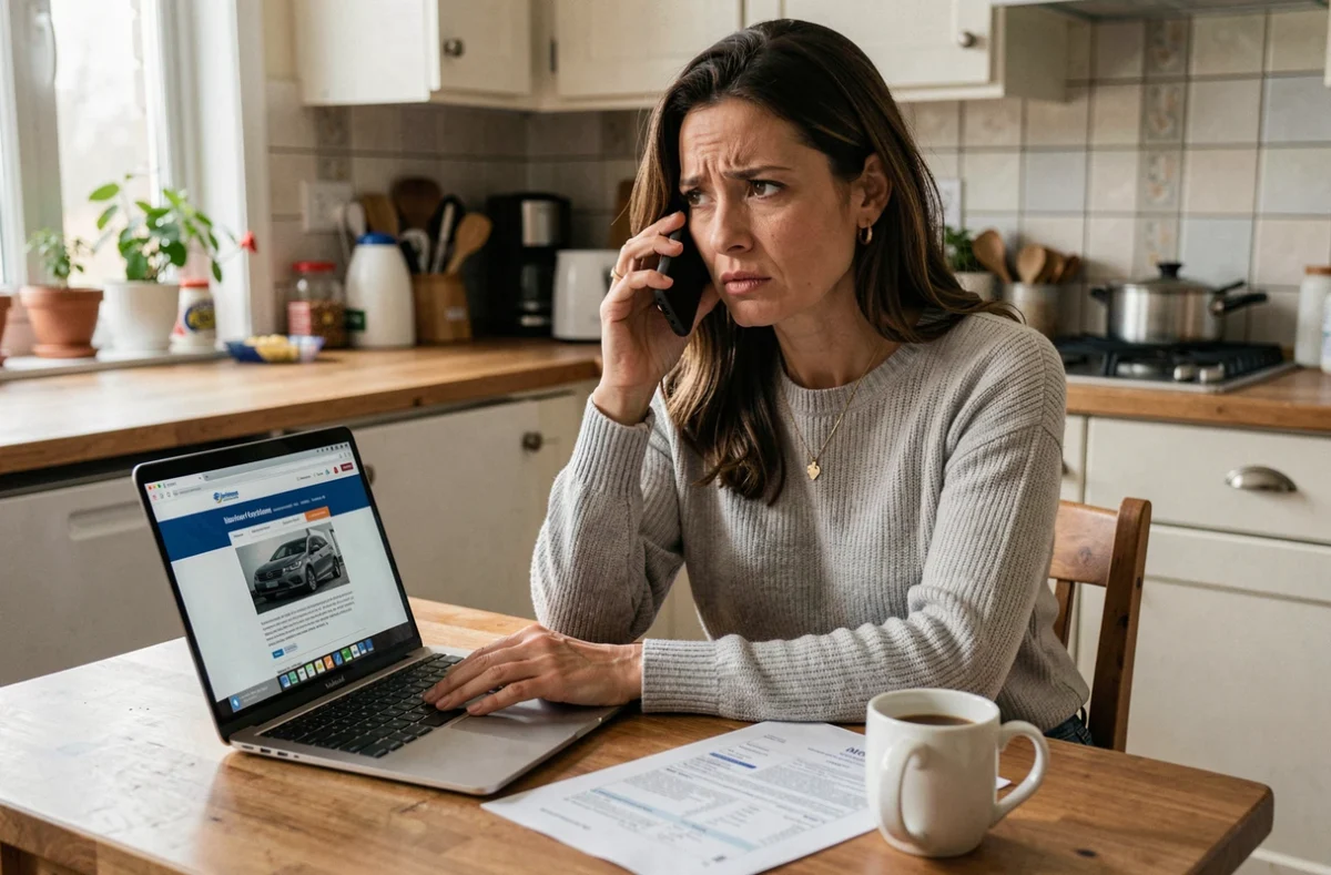Femme contactant son assurance pour le remboursement de sa voiture déclarée épave