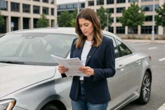 Femme consultant son contrat d'assurance voiture Alliance à côté de sa voiture dans un parking urbain