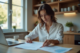 Femme d'affaires examine des documents d'assurance voiture à la maison