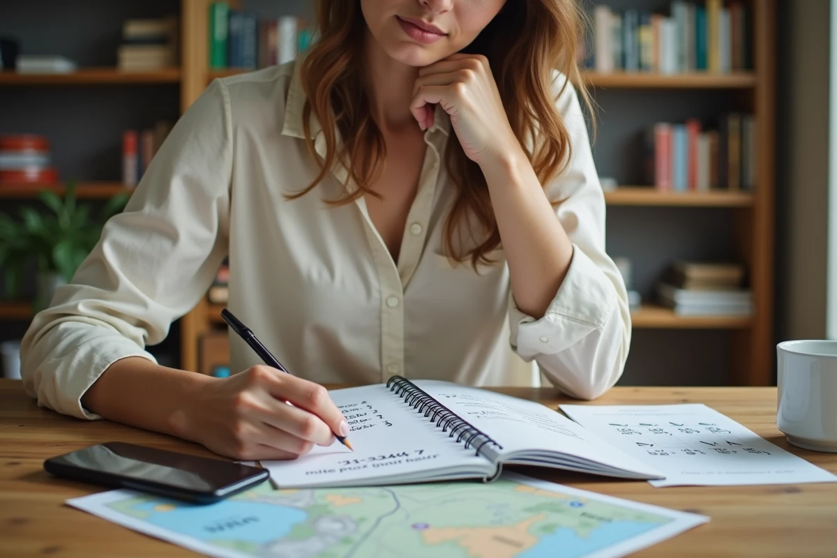 Femme calculant des conversions de miles en km/h dans un carnet avec une application de conversion sur smartphone