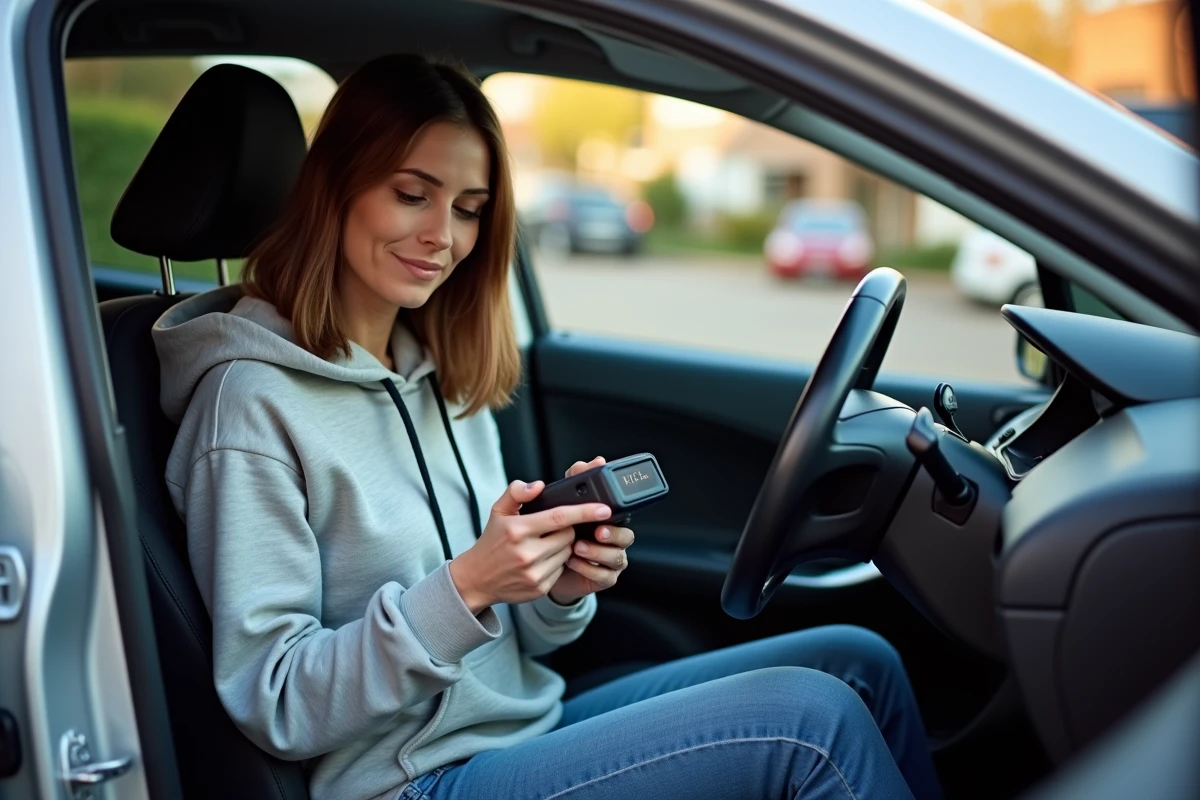 Femme utilisant un outil de diagnostic OBD2 dans une Peugeot stationnée dans une allée résidentielle pour lire le code P1445