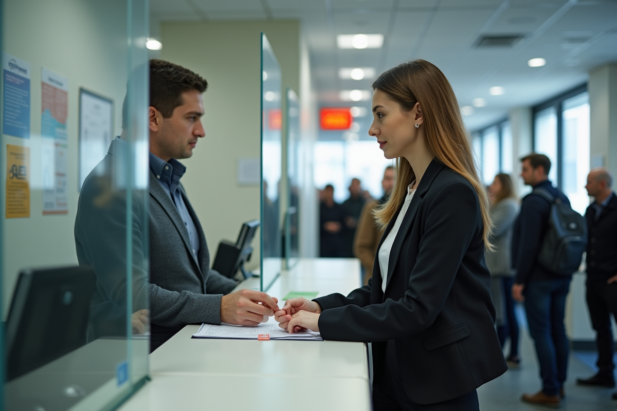 Jeune femme remettant un document à un agent dans un bureau municipal