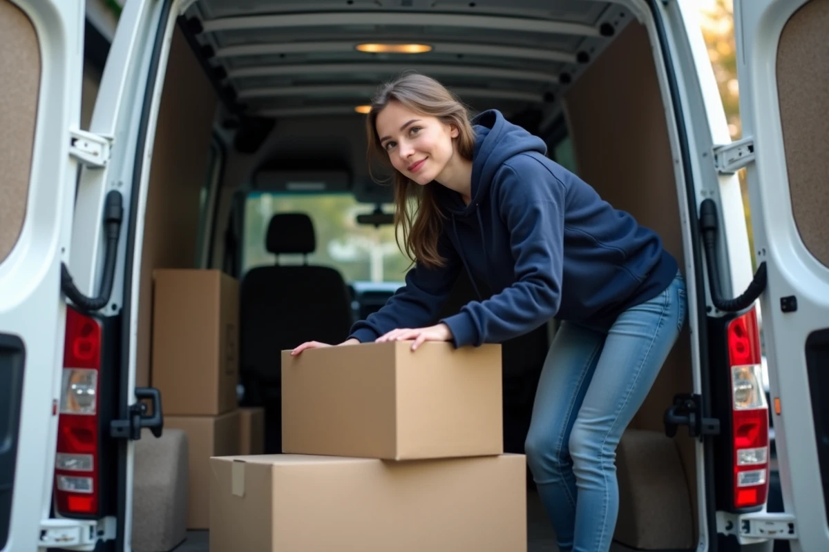 Jeune femme organisant des cartons dans un van de déménagement