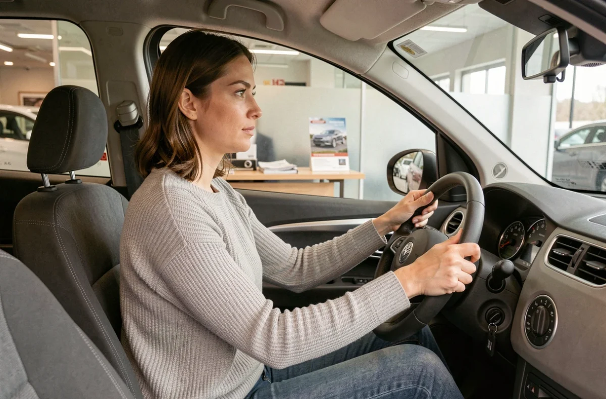 Femme au volant d'un véhicule compact dans une concession automobile française lors d'un essai