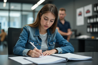 Femme remplissant des papiers dans un centre auto moderne
