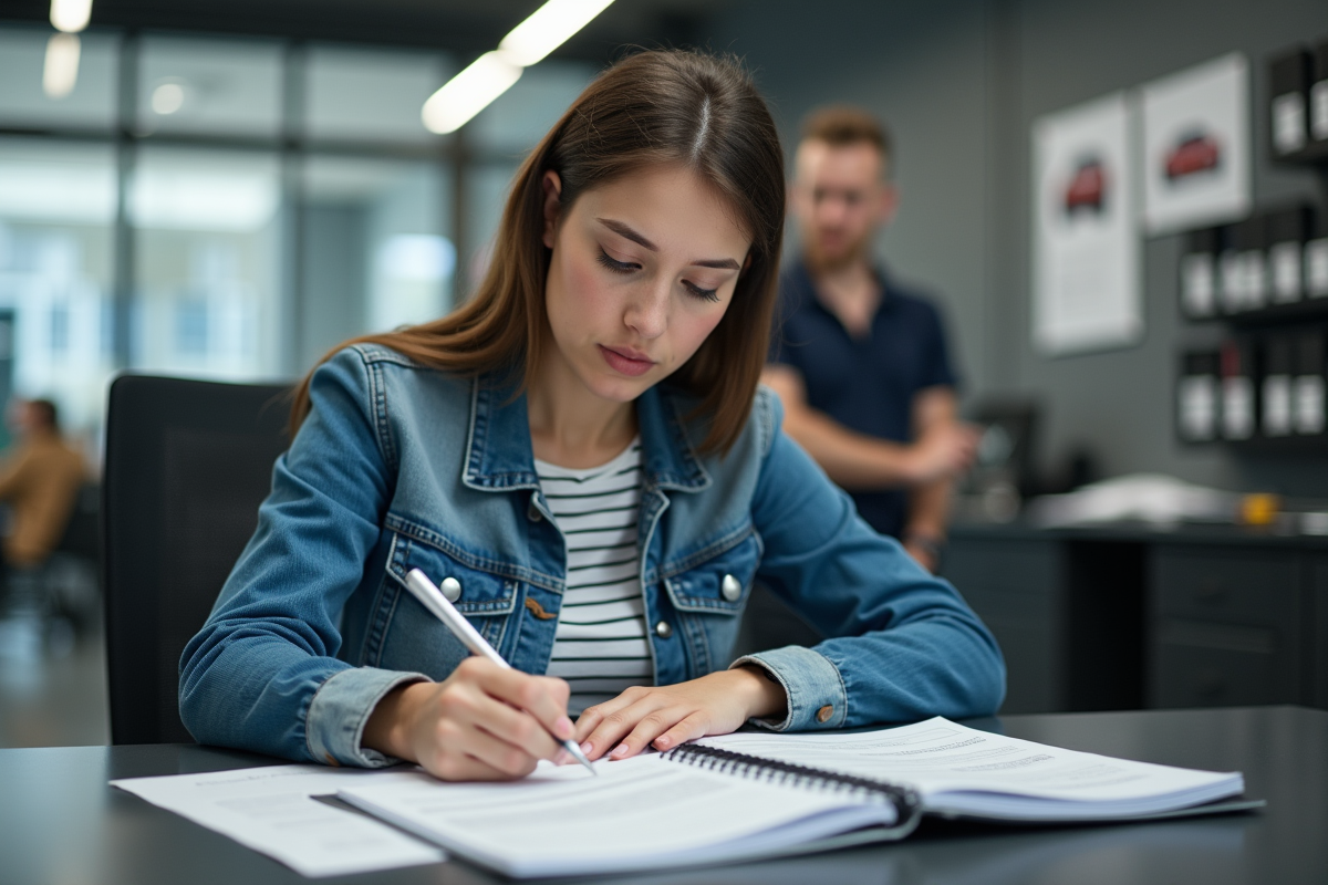 Femme remplissant des papiers dans un centre auto moderne