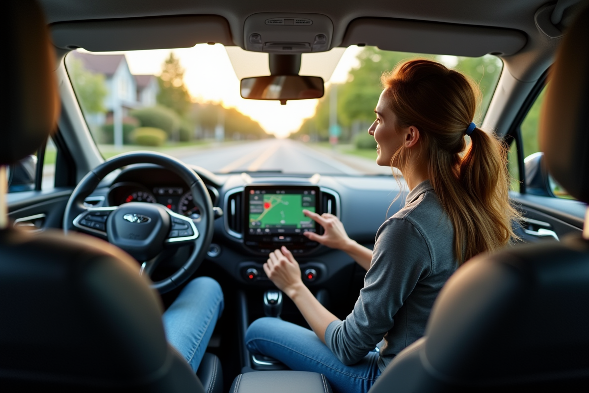 Femme dans voiture utilisant ecran infotainment