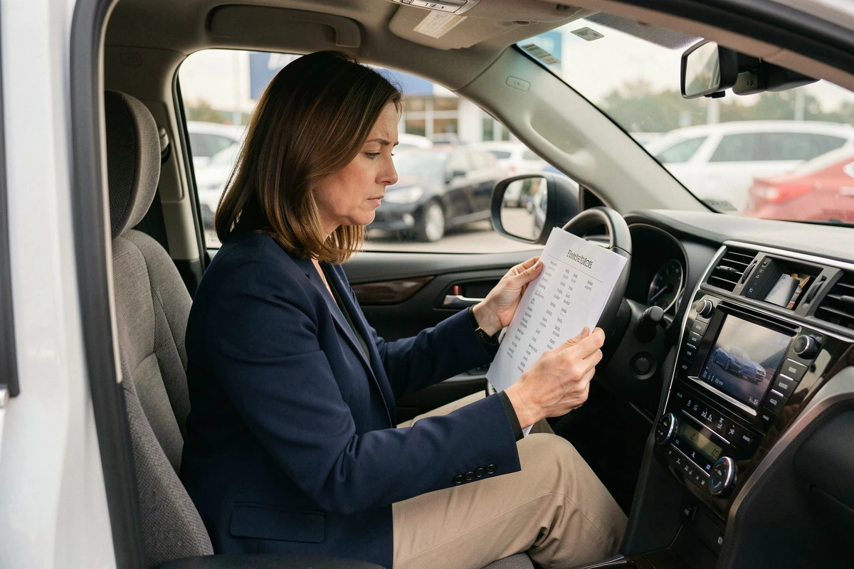 Femme à l'intérieur d'un SUV Toyota tenant une liste de modèles, illustrant la confusion entre les noms de véhicules similaires