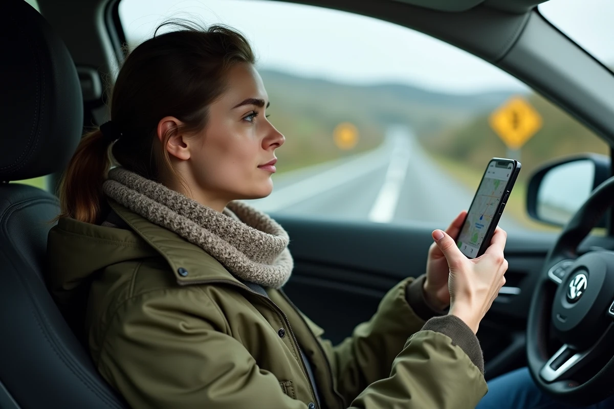 Jeune femme vérifiant une carte numérique dans sa voiture