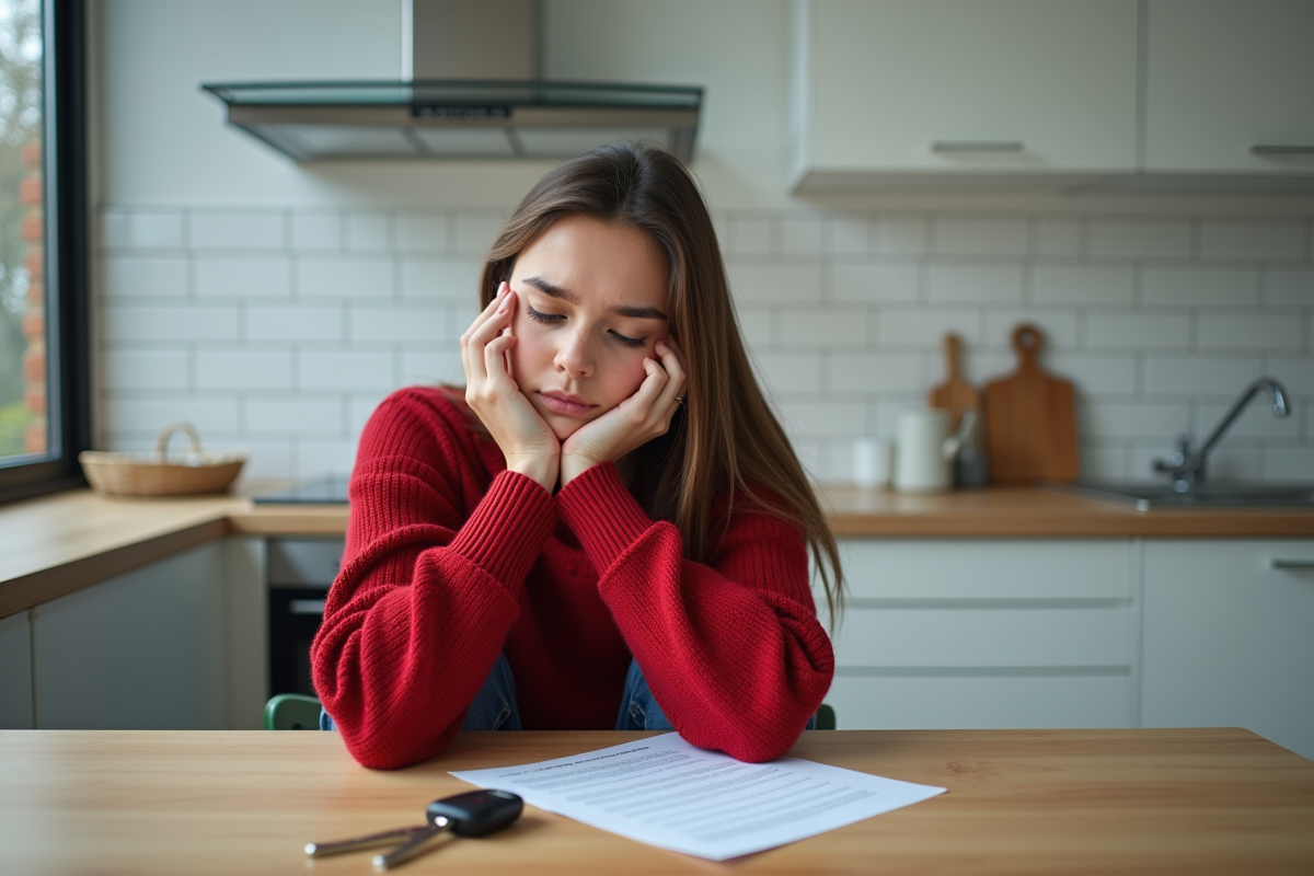 Jeune femme inquiète dans une cuisine avec lettre et clés