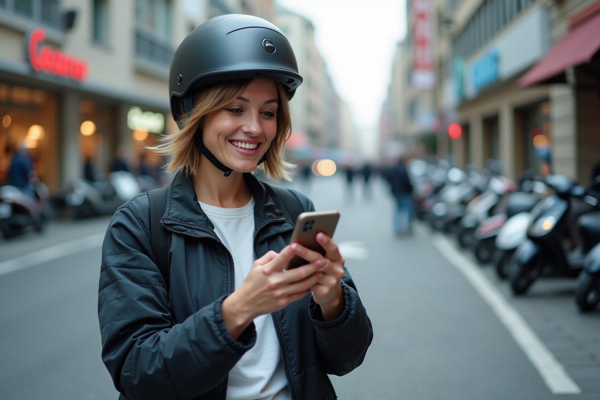 Femme motarde en ville préparant la navigation sur son smartphone