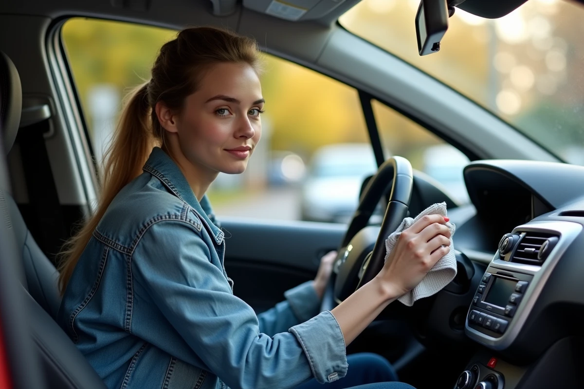 Jeune femme nettoyant le tableau de bord d