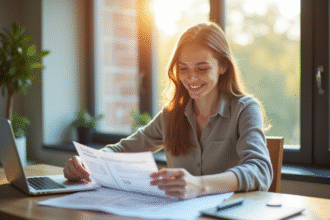 Jeune femme souriante utilisant un ordinateur pour l'assurance voiture