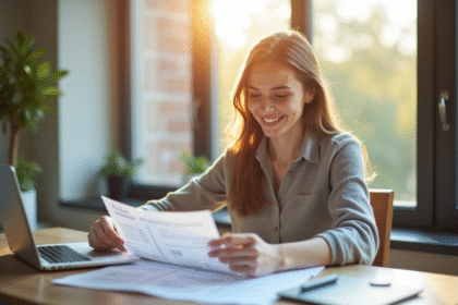 Jeune femme souriante utilisant un ordinateur pour l'assurance voiture