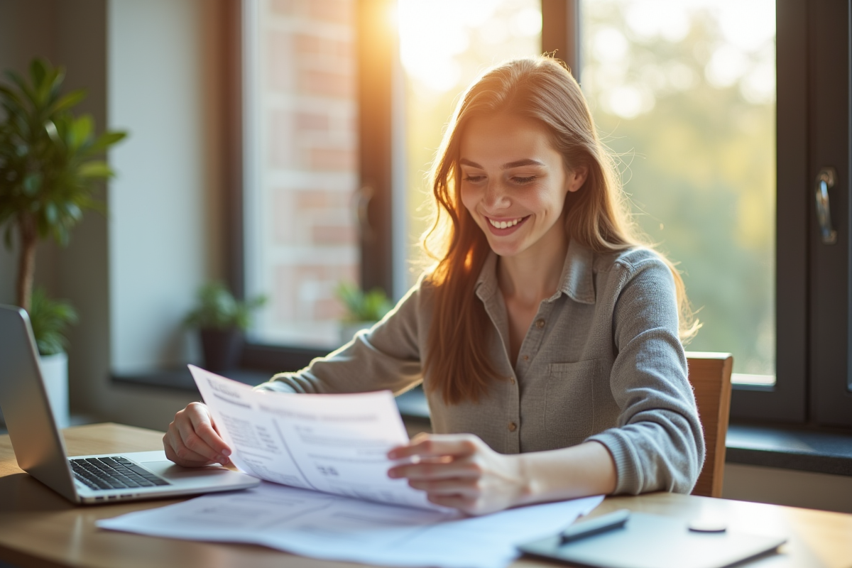 Jeune femme souriante utilisant un ordinateur pour l'assurance voiture