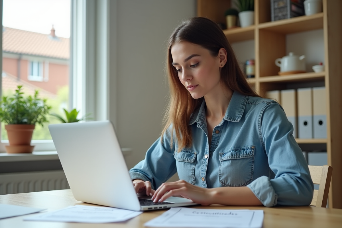 Jeune femme saisissant des données avec un certificat de cession