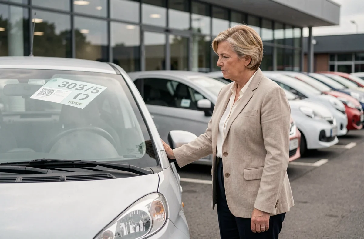 Femme examinant le prix d'une voiture sans permis à essence chez un concessionnaire