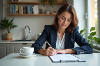 Femme remplissant papiers dans sa cuisine pour une immatriculation