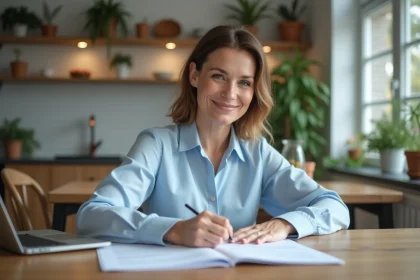 Femme signant des papiers dans une cuisine moderne