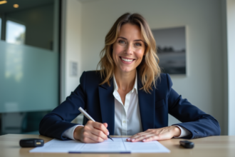 Femme souriante signant un contrat de leasing automobile