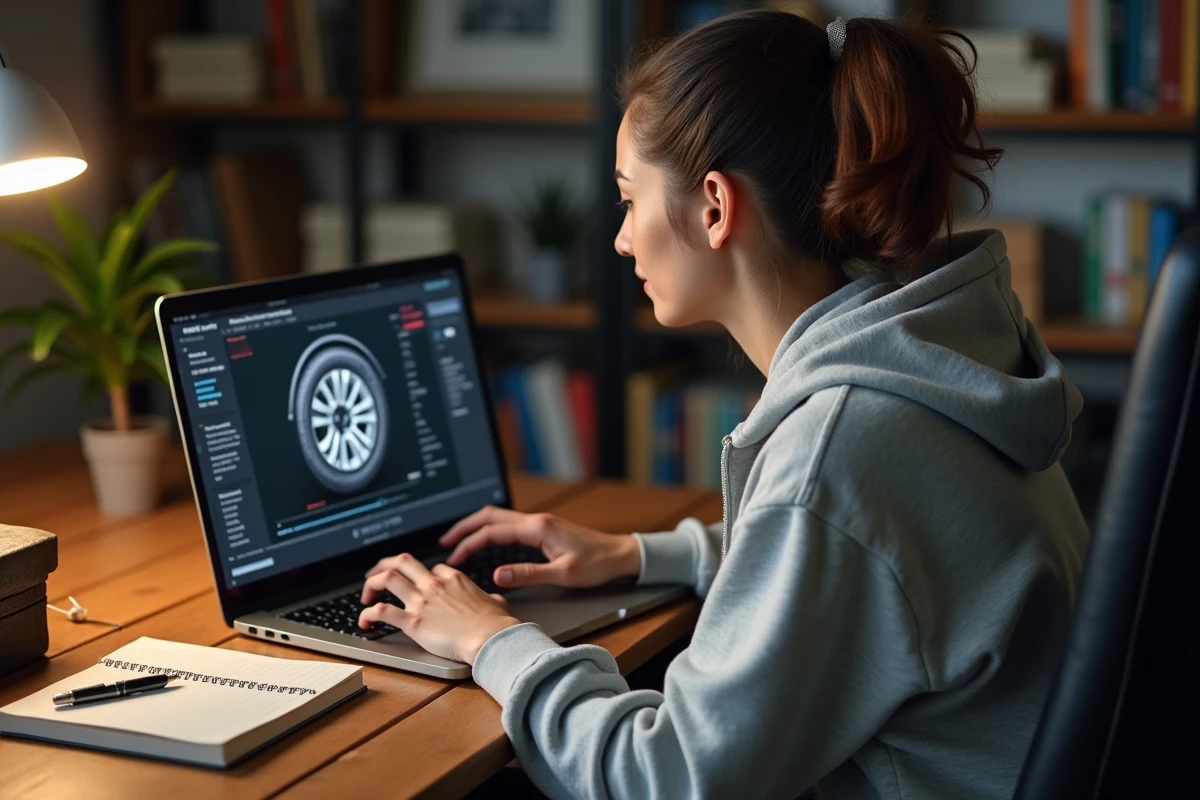 Femme utilisant un simulateur de dimensions de pneus en ligne sur ordinateur portable à son bureau
