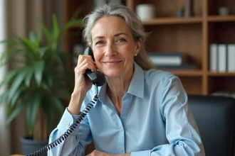 Femme au téléphone fixe dans un bureau à domicile, contactant le service d'assistance Groupama