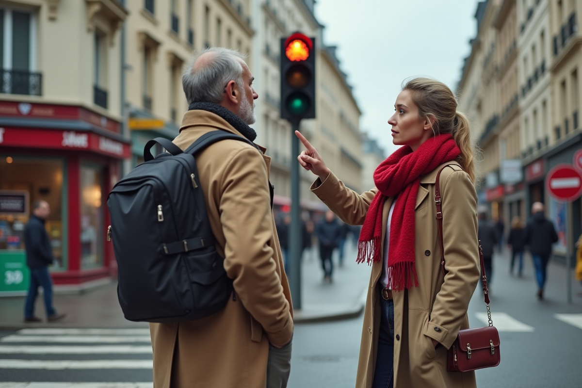 Jeune femme pointant un feu défectueux dans la rue