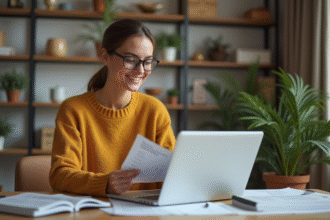 Femme d'âge moyen travaillant à son ordinateur à la maison