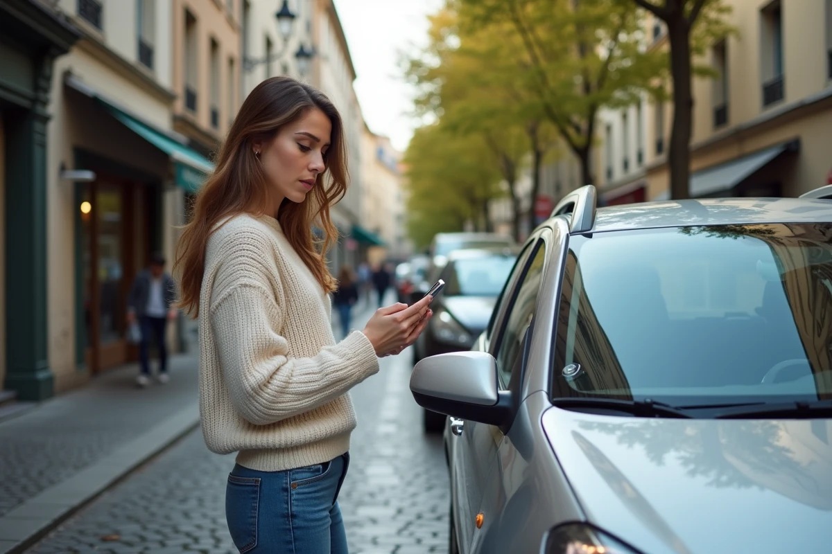Jeune femme observant le pare-brise de sa voiture en ville
