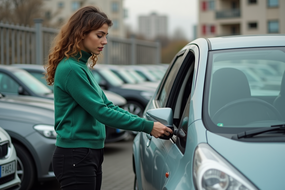 Jeune femme pose un verrou de volant sur sa voiture en milieu urbain