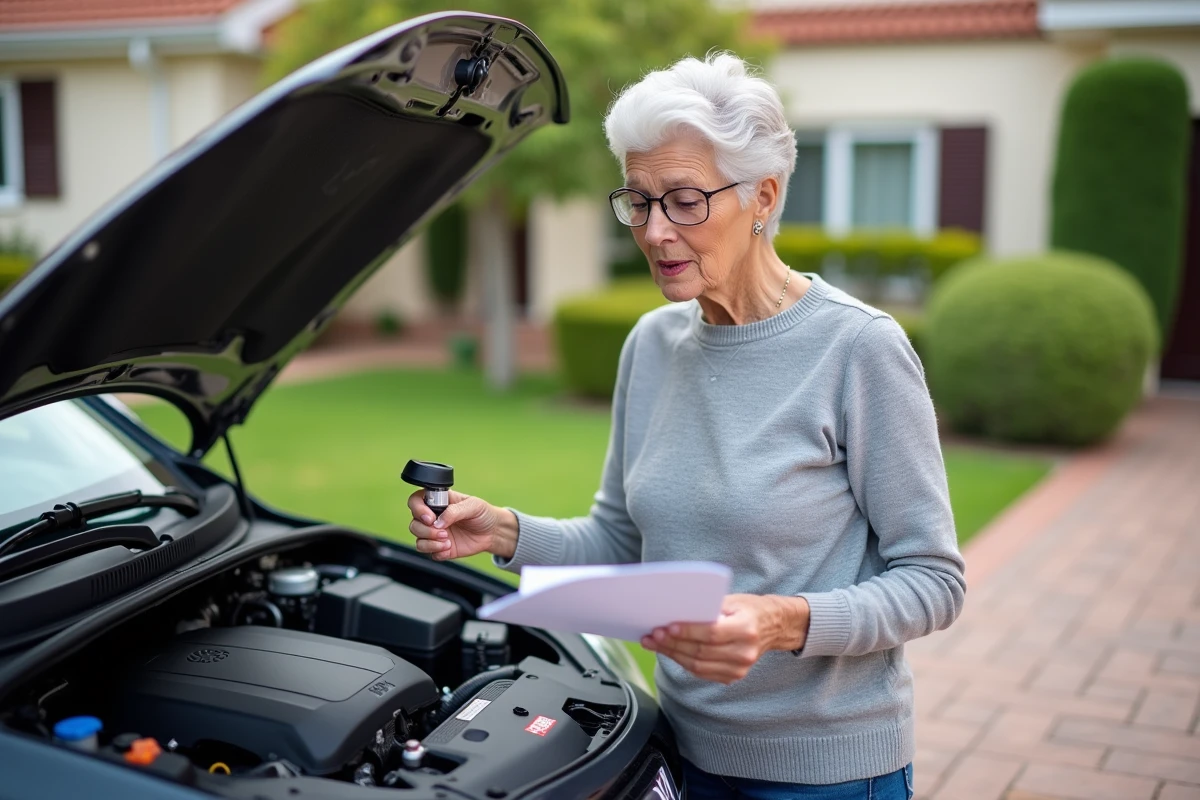 Femme regardant le reservoir de liquide de frein sous le capot