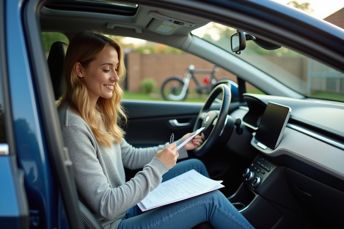 Jeune femme dans sa voiture électrique dans une allée résidentielle