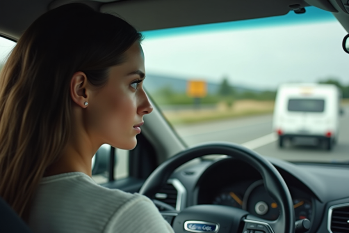 Jeune femme regarde dans le rétroviseur de sa voiture avec remorque sur l