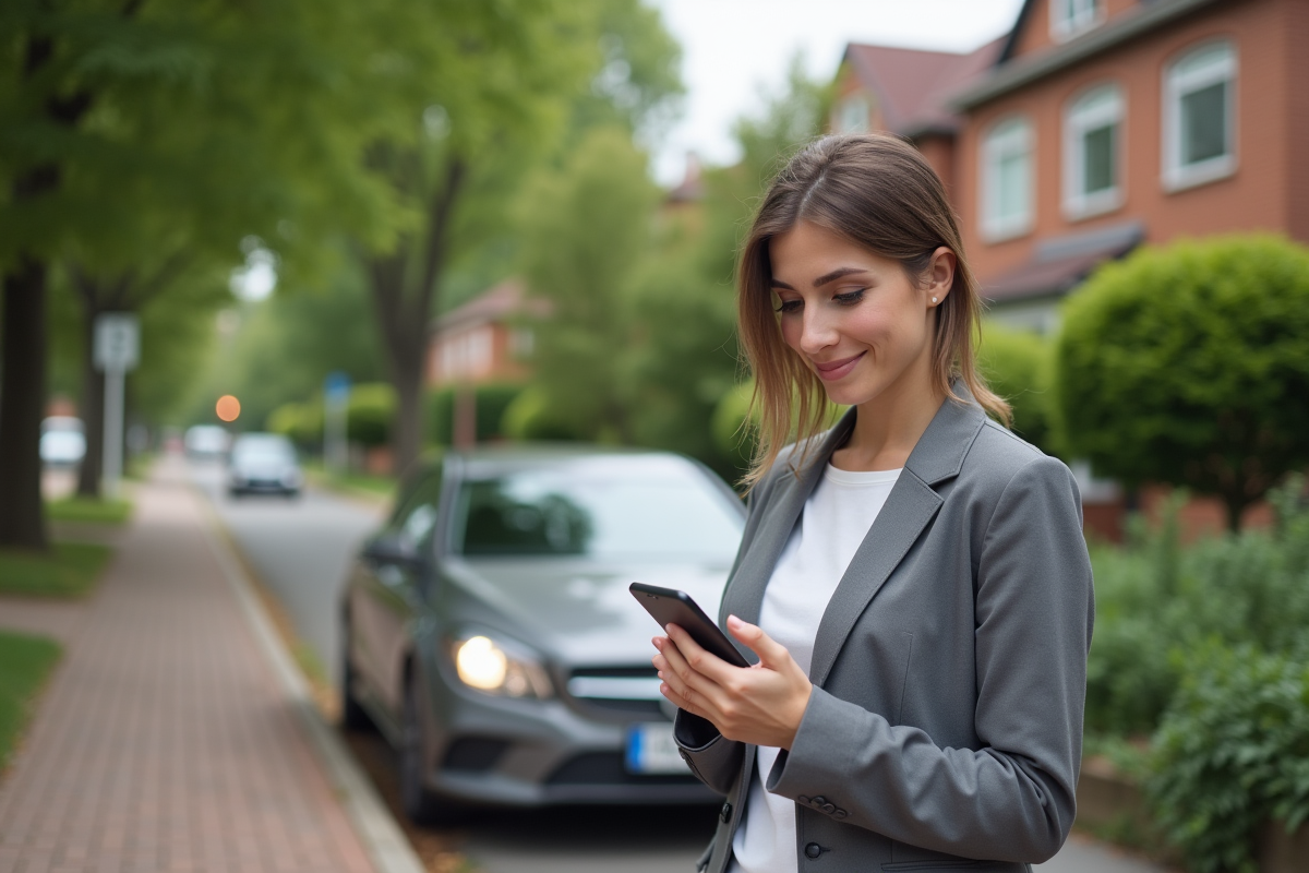 Jeune femme souriante avec smartphone devant sa voiture dans un quartier résidentiel