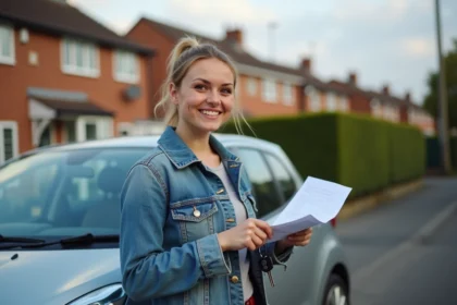 Femme souriante avec clés et documents voiture dans une rue britannique