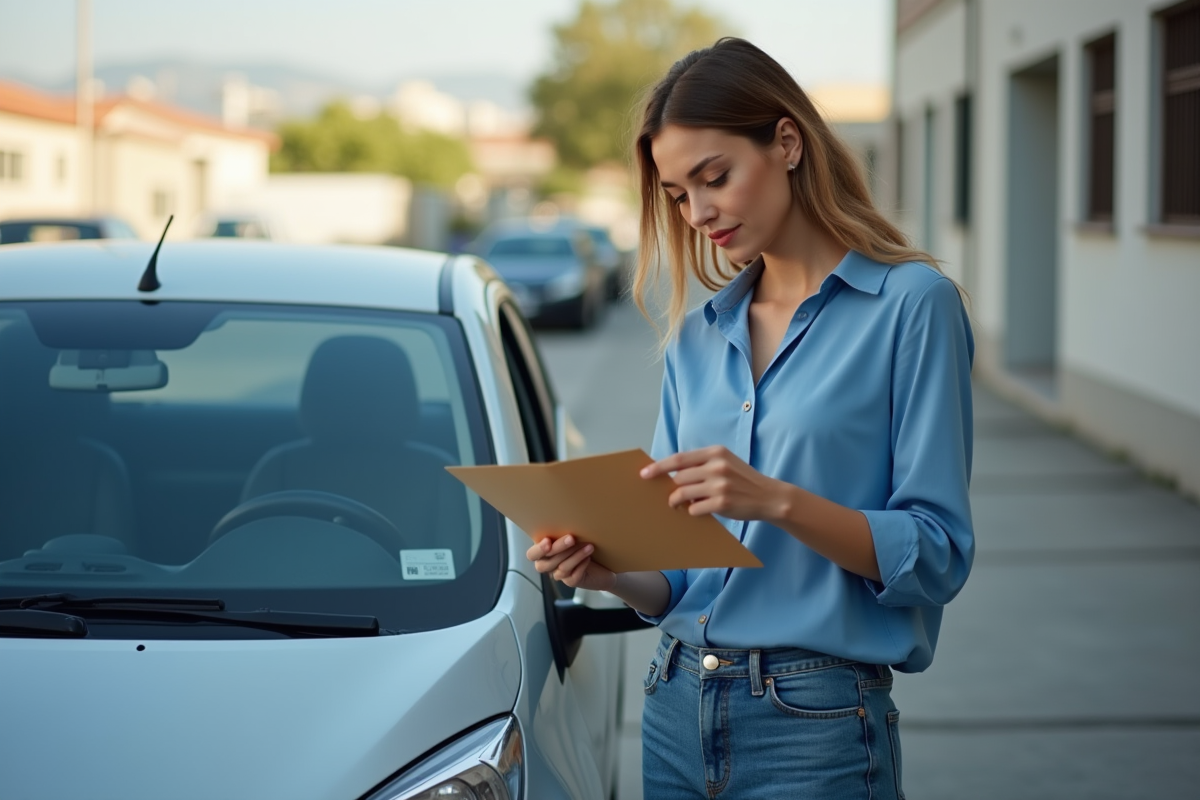 Jeune femme examine une enveloppe près de sa voiture