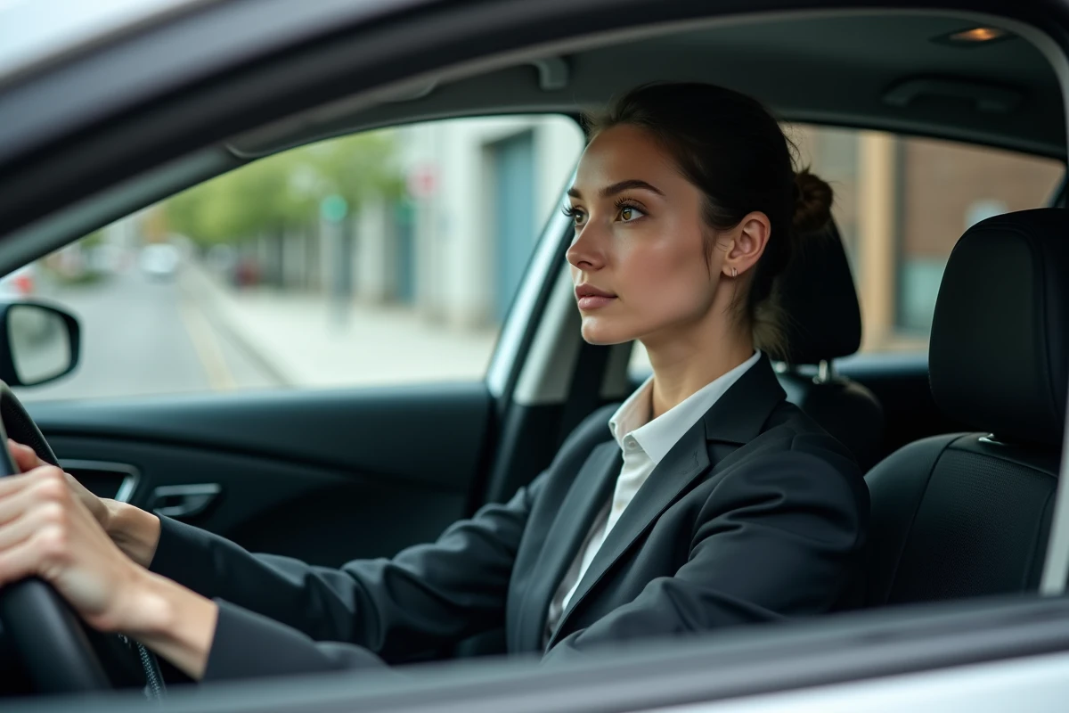 Jeune femme en costume dans une voiture diesel en ville