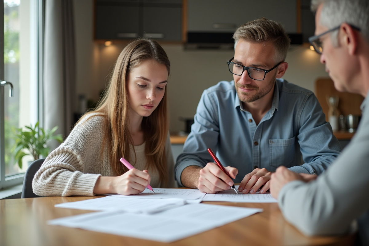 Jeune femme signant des papiers avec un parent à la maison