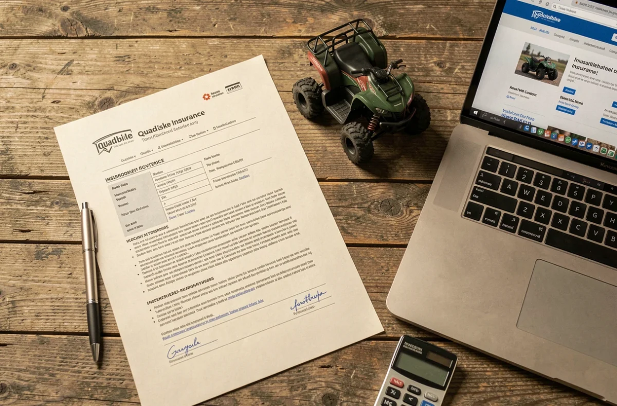 Flat-lay d'un bureau avec contrat d'assurance quad, calculatrice et ordinateur portable pour comparer les tarifs