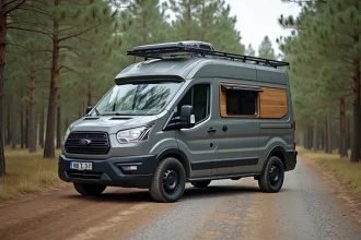 Fourgon compact aménagé en van de voyage garé sur un chemin forestier, vue trois quarts avant